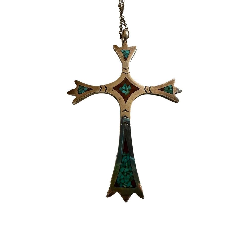 Sterling Native American Cross With Inlaid Red Coral And Turquoise Silver Chain - Picture 2 of 16